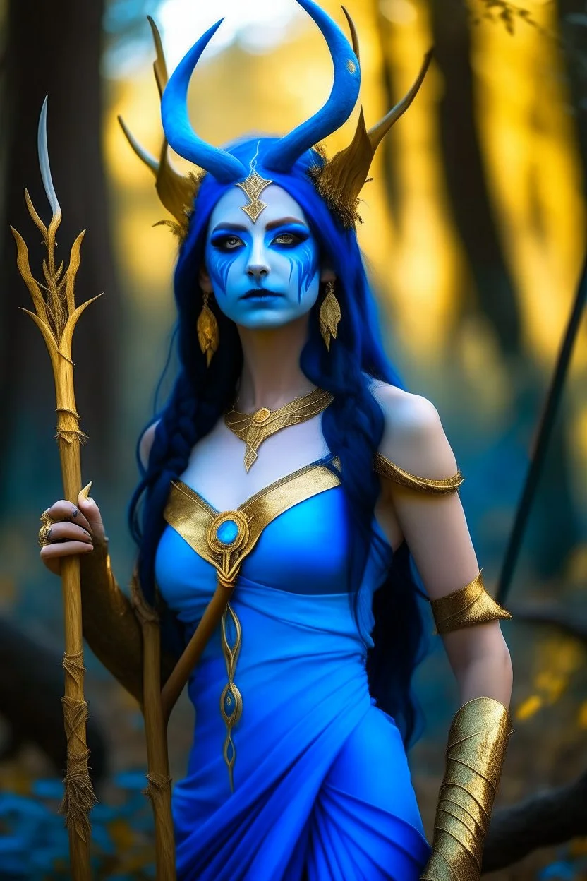 A picture of a beautiful blue faced indian goddess with skin painted blue, blue painted body, blue painted torso, wild black hair, stag antlers, elven ears, golden skirt, holding a staff in a sunny forrest