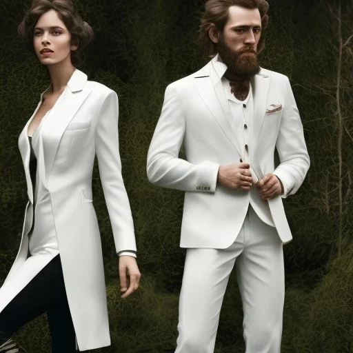 8K, a Highly detailed stunning portrait of Dom man, a white suit, beard, and short hair, with a submissive woman