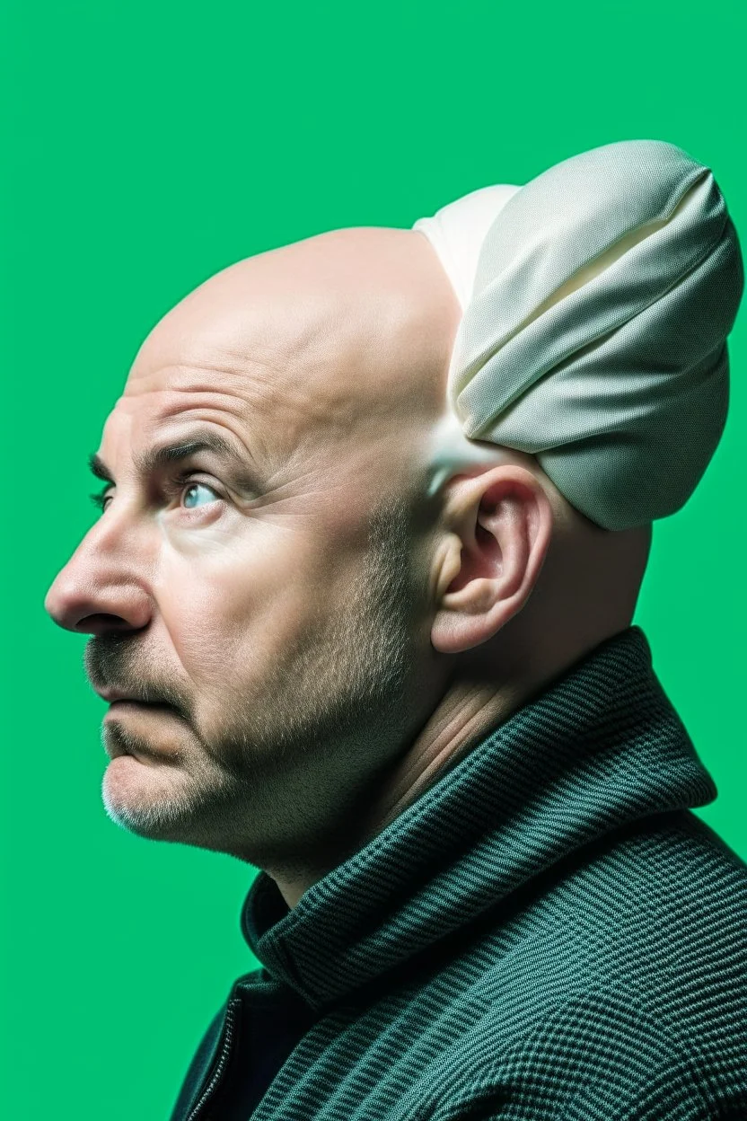 bald man with inflatable money through head downgrade