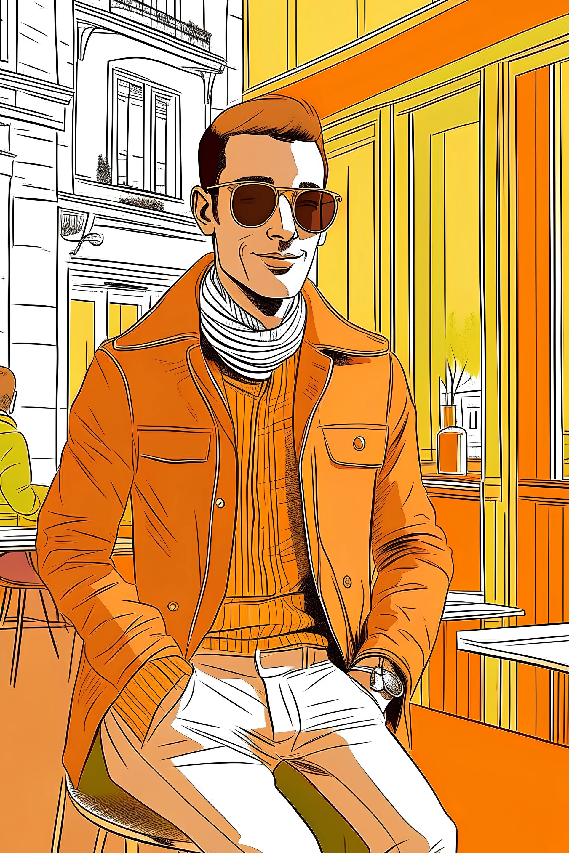 Diseñar un personaje personaje alto con lentes de sol, colorado, alegre y agradable, de unos 20 años, varón, vestido con chaqueta marrón y pantalones cuadrillé, en un café de parís