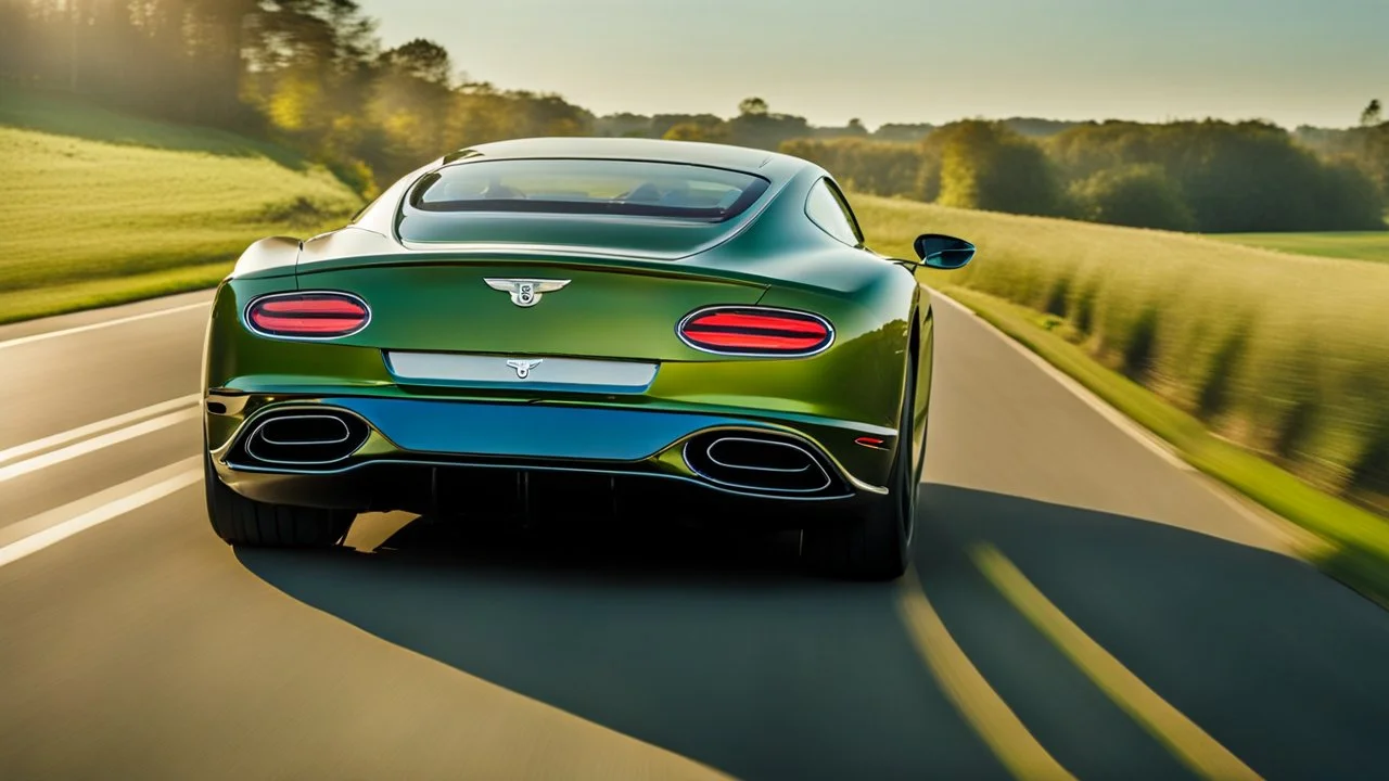 A sleek with livery (((luxury hypercar bentley))), its contours and details perfectly captured in a (((cinematic view))), zipping along a winding road under a beautiful blue fresh morning sky, rear view