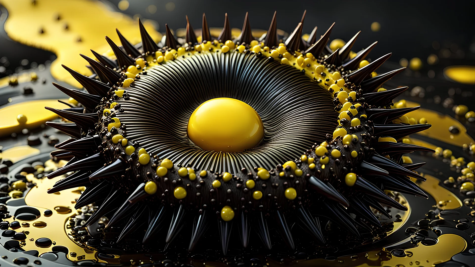 A conceptual art rendering of the Fluidic Marvel of a fantastical combination of a yellowish, zombified Pac-Man and Intricate Ferrofluid Porosity as an evil anti-hero, Dariusz Zawadzki art style, wet, dripping, blood, viscera, 3D Game Cinematic Feel, Epic 3D Videogame Graphics, Intricately Detailed, 8K Resolution, Dynamic Lighting, Unreal Engine 5, CryEngine, Trending on ArtStation, HDR, 3D Masterpiece, Unity Render, Perfect Composition.