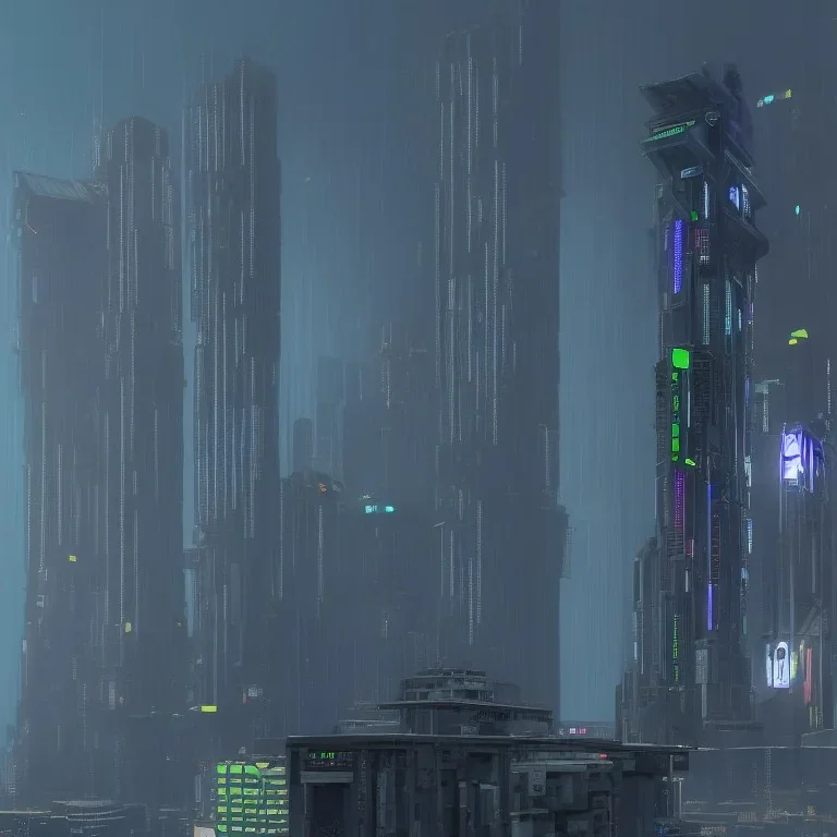 an imposing cyberpunk skyscraper with random pipes and windows accenting the walls and a large landing pad on top surrounded by radar instruments