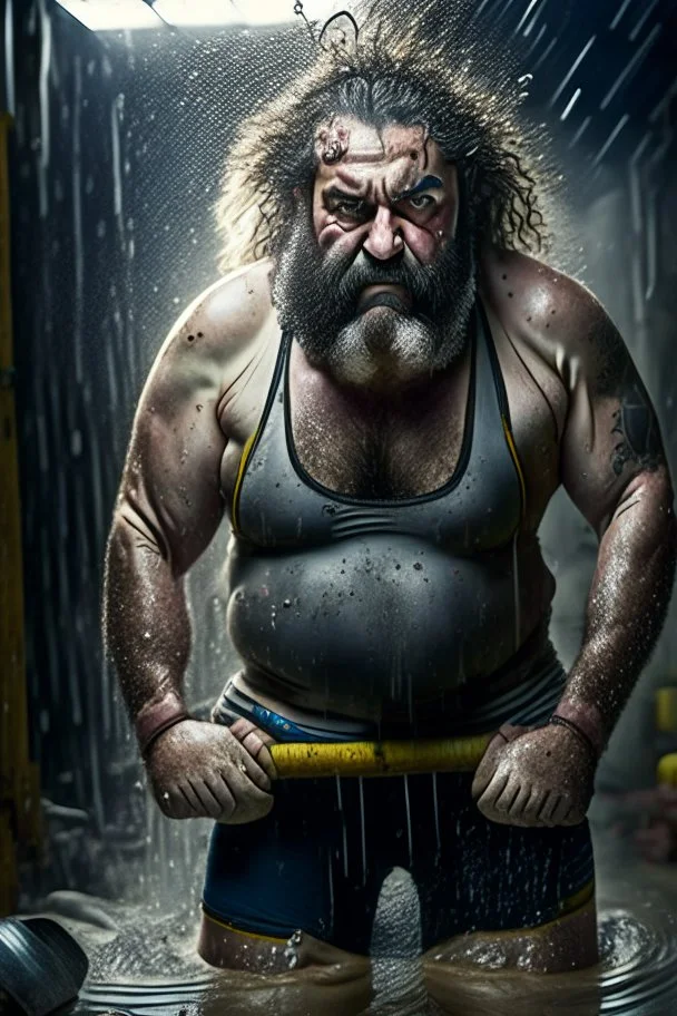 full figure shot photography of a furious wet chubby strong iranian sweaty 57 years old strong carpenter working hard in a construction site, under a huge water leak raining, in tank top and boxer, bulge, long beard, hairy chest, tattoo, long curly hairs, photorealistic, 32k, furious eyes, side lights, ambient occlusion, frontal view from the floor