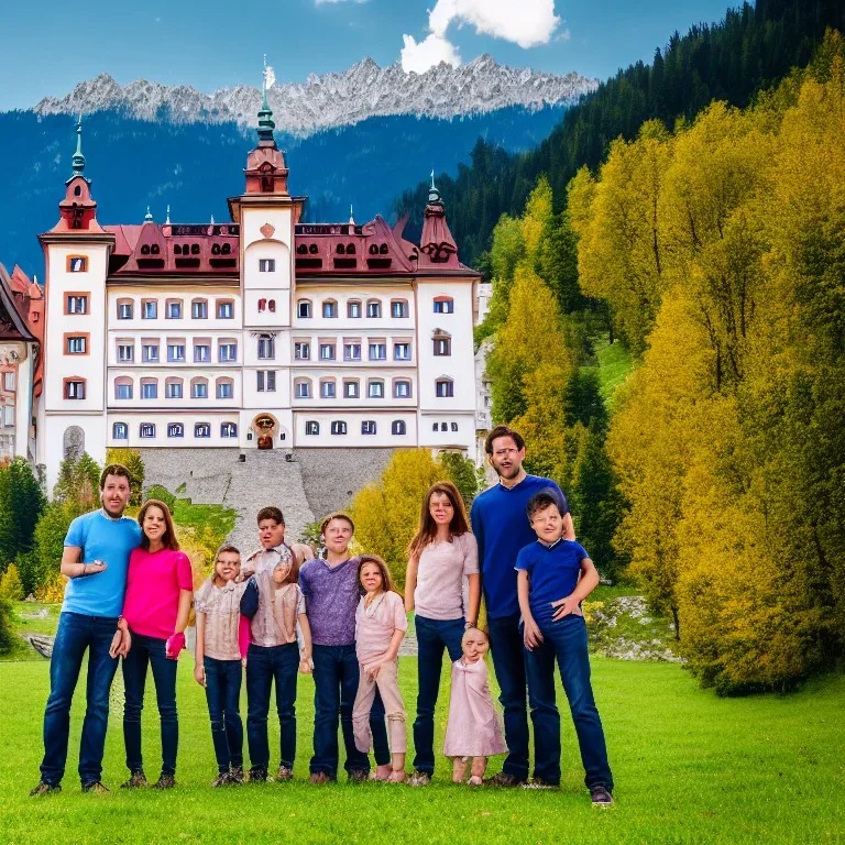 Aristrocatic Family posing in front of an Austrian castle, Alps, 8k, HD, cinematography, photorealistic, Cinematic, Color Grading, Ultra-Wide Angle, Depth of Field, hyper-detailed, beautifully color-coded, insane details, intricate details, beautifully color graded, Cinematic, Color Grading, Editorial Photography, Depth of Field, DOF, Tilt Blur, White Balance, 32k, Super-Resolution, Megapixel, ProPhoto RGB, VR, Halfrear Lighting, Backlight, Natural Lighting, Incandes