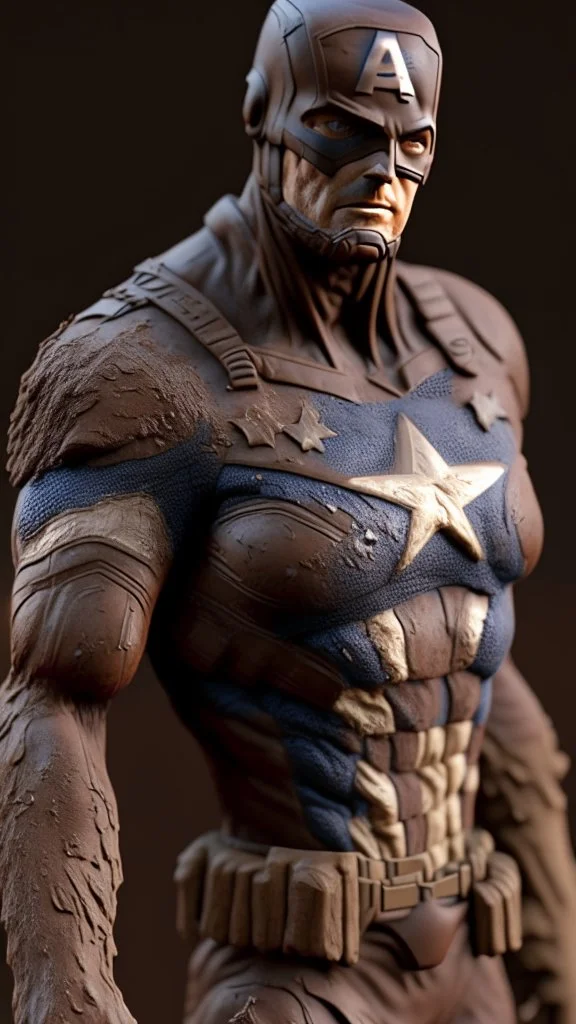 captain america made from mud , mud material, mud brown color, ultra realistic, 4k, ultra detail, full body