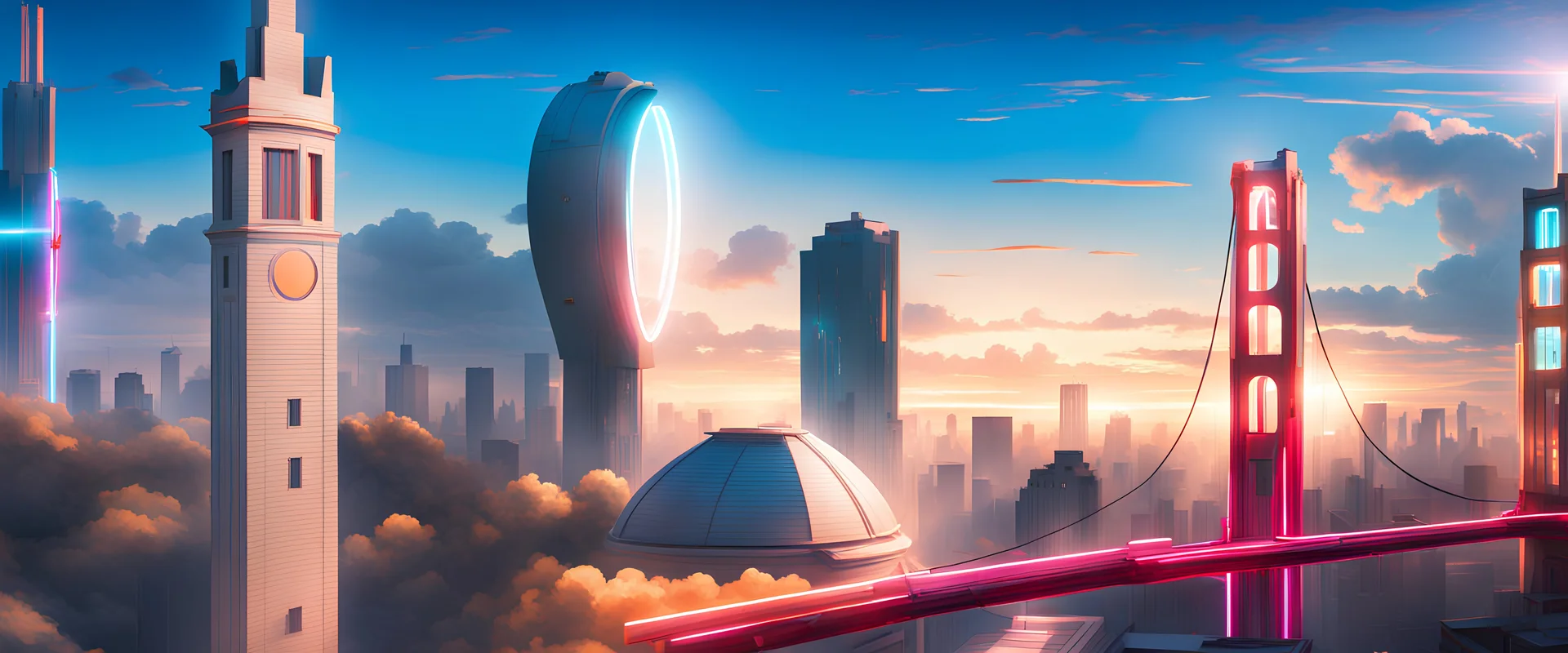 neon saber lights on buildings, bright sunrise