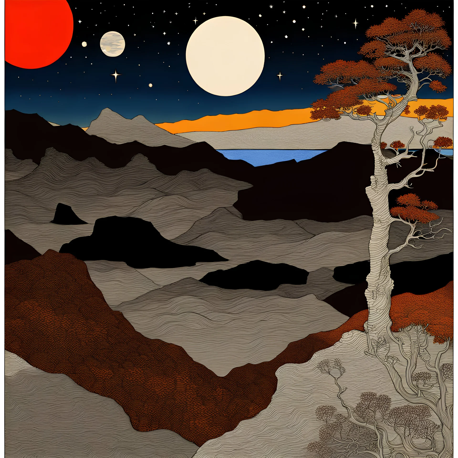 Peaceful, colourful, Max Ernst, Egon Schiele, Hiroshige, night sky filled with galaxies and stars, trees, flowers, rock formations, one-line drawing, sharp focus, 8k, 3d, silver rust