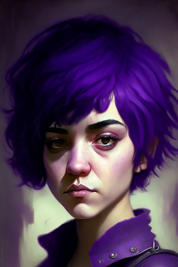 A portrait of a girl with an heavy armon, short purple hair,