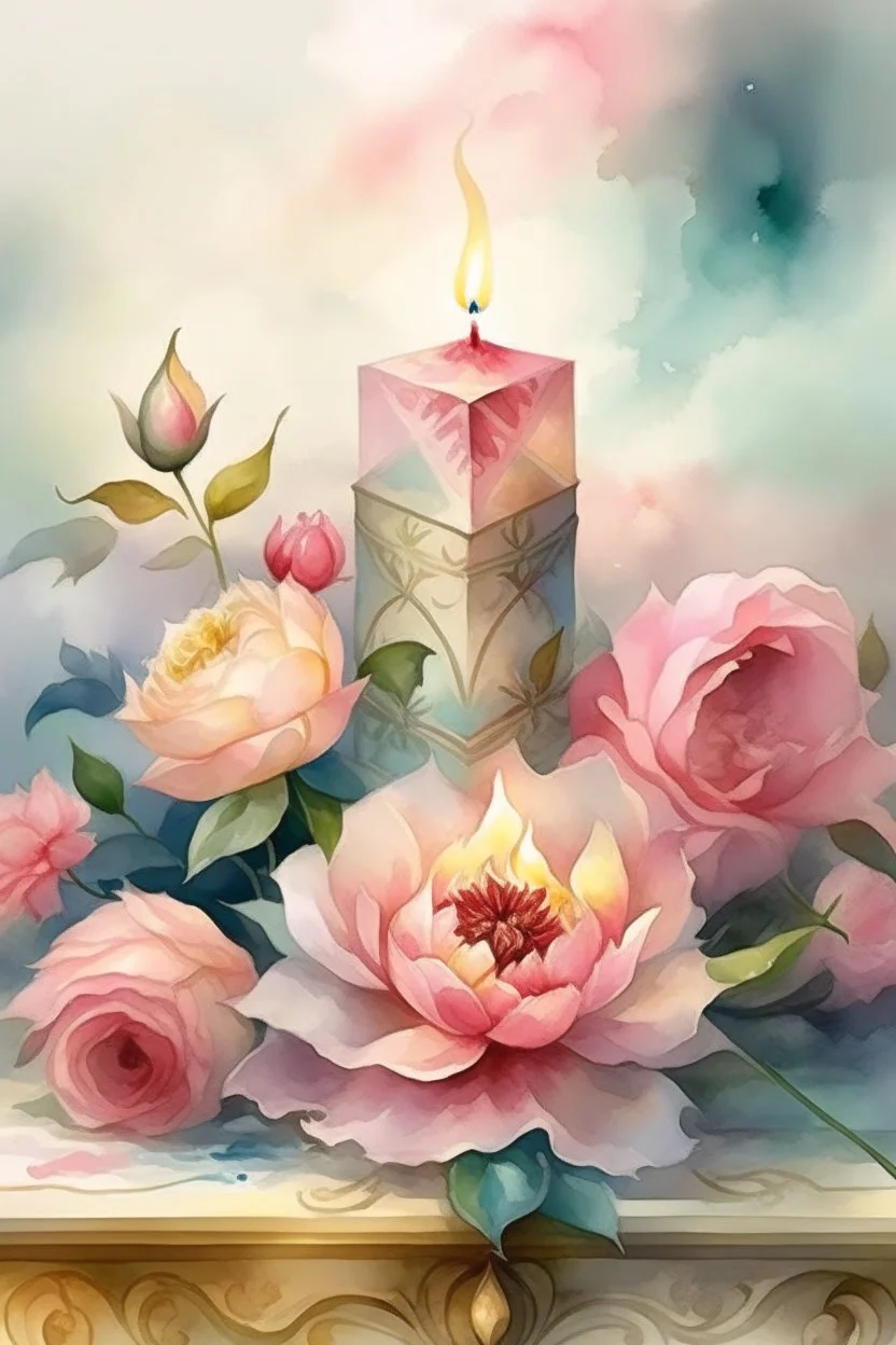 MAGIC A PYRAMID CANDLE IS BURNING AROUND WONDERFUL FLOWERS English watercolor, Smoky cream, pale gray, pale pink, pink background. bright light, a bouquet of roses on the table are pale pink, pale bordeaux, white, ochre. green stems, the light is translucent. Watercolor, fine ink drawing, peonies in an hourglass, elegant gold inlay, rich interior rose of the valley, leaves, nature, beautiful raindrops, beautiful fog, over a beautiful rainbow, fantasy, romantic dreamy mood, special attractions