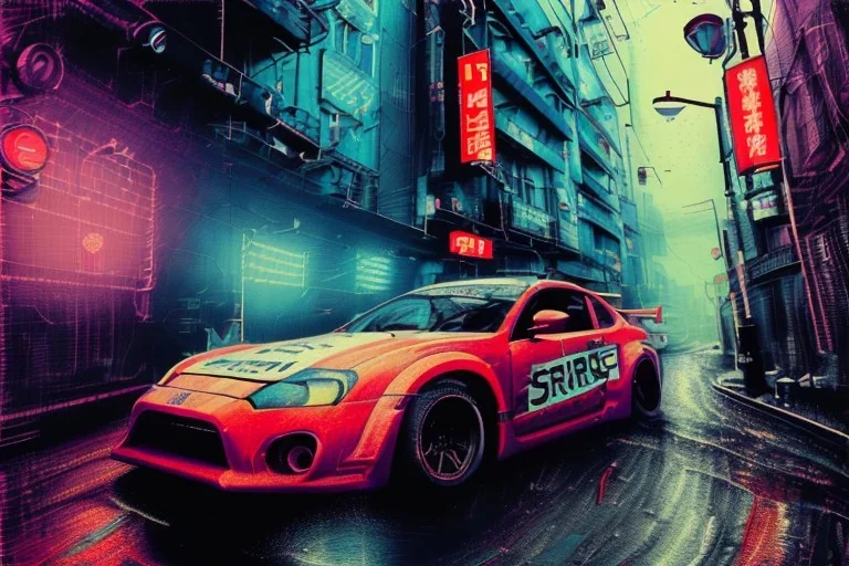 ultra realistic pop-art illustration and highly detailed digital painting of illegal street drifting, inside a vibrant japan city, underground jdm scene, d1 grand prix, nissan, mitsubishi, neon, secret location, toyota, honda, subaru, highly detailed, smooth, cinematic, high contrast, realistic shaded volumetric lighting, 8k, after the rain, reflective ground, octane render, smoke, hyperrealistic, vitality japanese colours, uhd, motion blur, concept art by sam curry