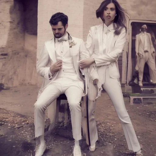 8K, a Highly detailed stunning portrait of Dom man, a white suit, beard, and short hair, with a kneeling submissive woman