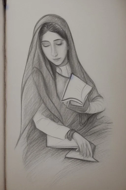 Pencil sketch of Young woman, Arab features,sad, long wavy hair, reading a book, full body، on lined paper