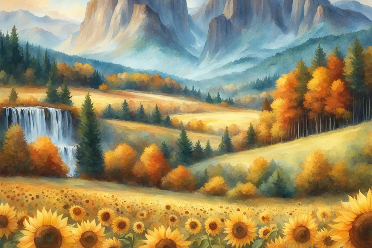 A field of Sunflowers. Beyond is a mountain range , with waterfall of autumn trees in water color.