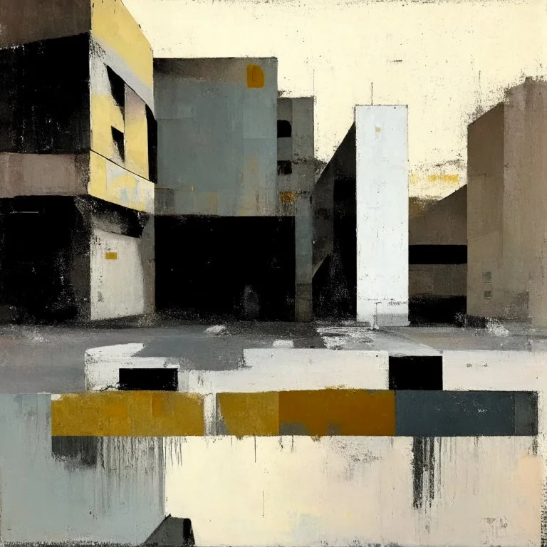 Minimal contemporary abstract oil paintings of desolate 1960s carpark with road markings and concrete fragments. Overlay with grungy typography graphics. style of Justin Mortimer and Francis Bacon.