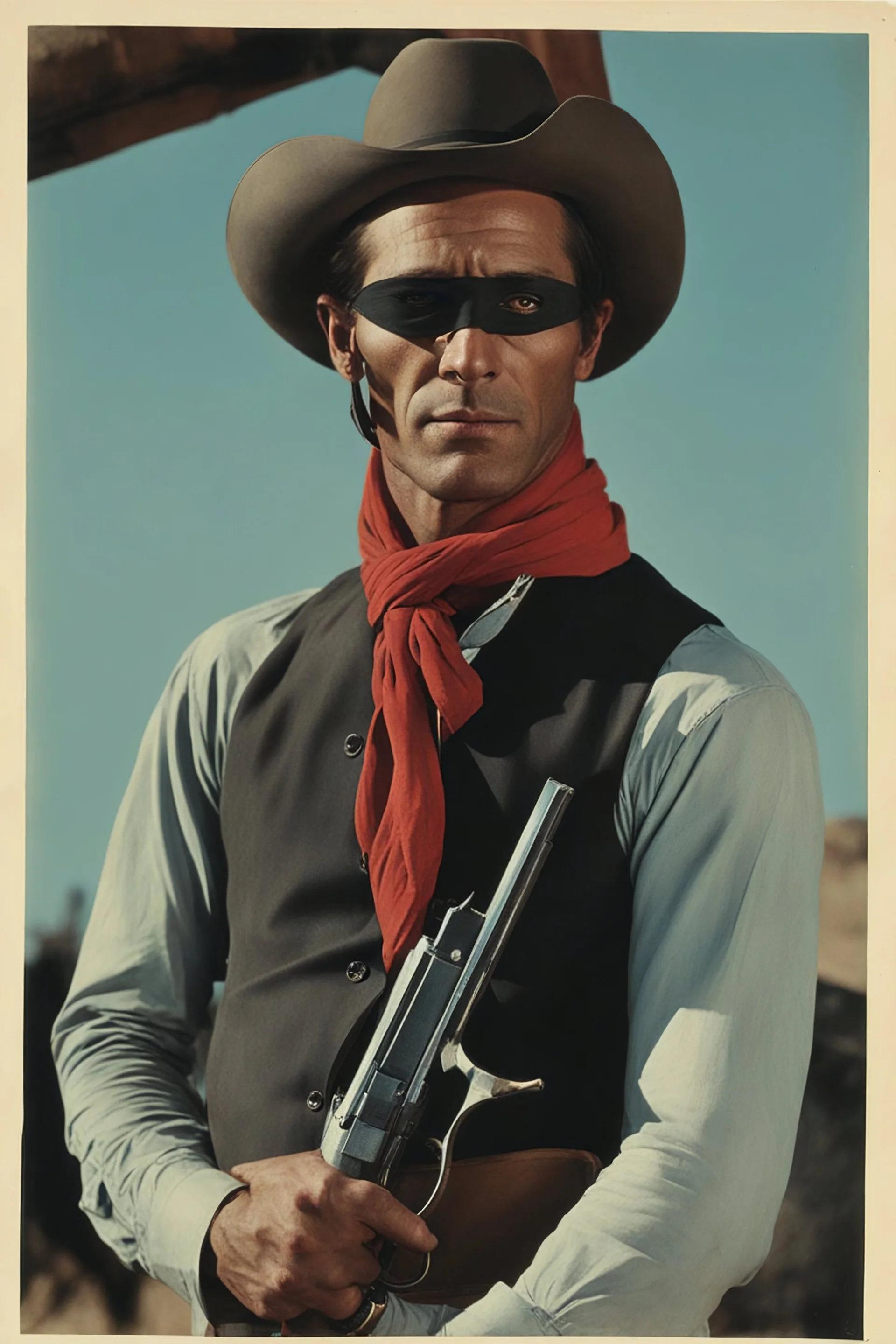 Full Color - Extremely muscular E.A. Presley aka the LONE RANGER, extremely over exaggerated muscles, short, dark, crew-cut hair, large, curved down nose, large square chin, dark, intense eyes, light blue, skintight, formfitting cotton jumpsuit, red kerchief bandana, black venetian mask, double holstered utility belt, two Colt 45 caliber pistols, knee-high cowboy boo