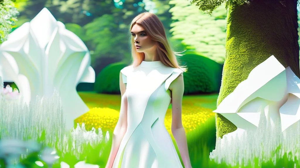 A beautiful young woman in an abstract creative white cutout dress, standing in an English garden. <lora:MJ52:0.6>