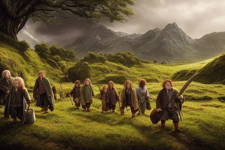 hobbits in the shire scenery landscape, lord of the rings, highly detailed, higly-detailed symmetric faces, perfect lighting, perfect composition, 4 k, artgerm, derek zabrocki, greg rutkowski