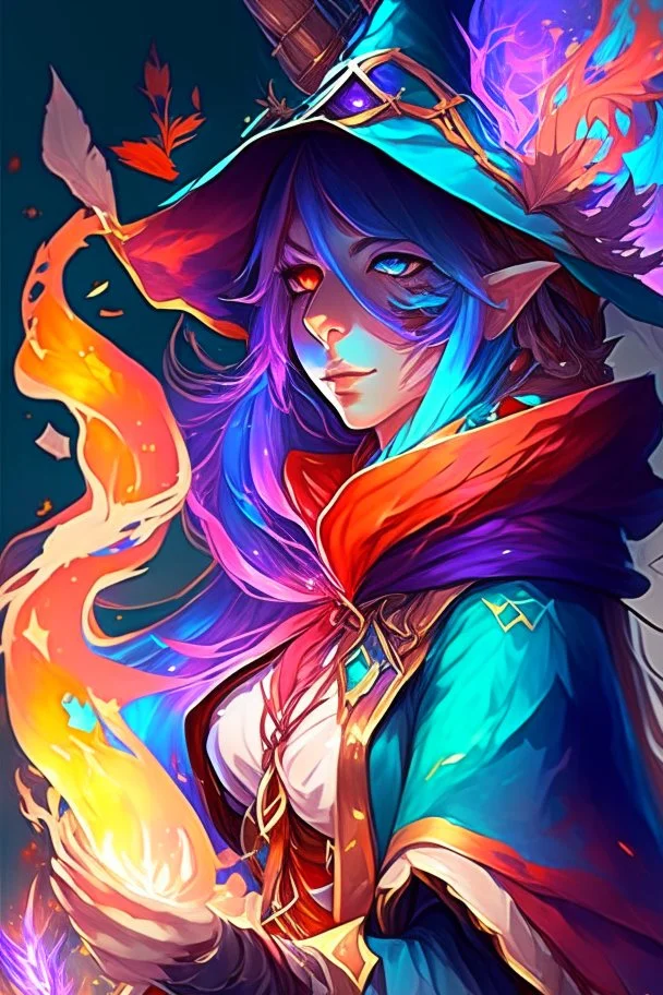 anime woman, mage, colorful