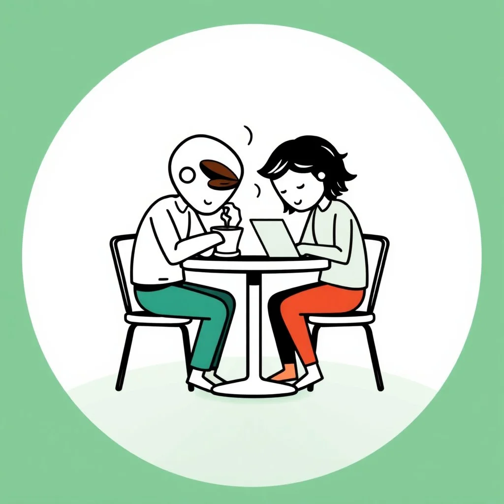 A circular logo in a distinctive green color, with two people sitting around a two-person table with their heads shaped like coffee cups, one drinking coffee and the other working on their laptop.