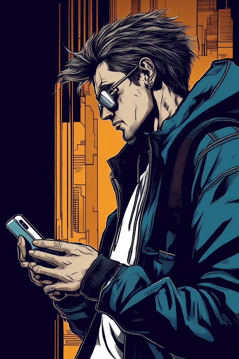 man, profile, cyberpunk, holding a cellphone, comic book art style, geek, engineer, t-shirt, jeans, drug addict, hoodie,