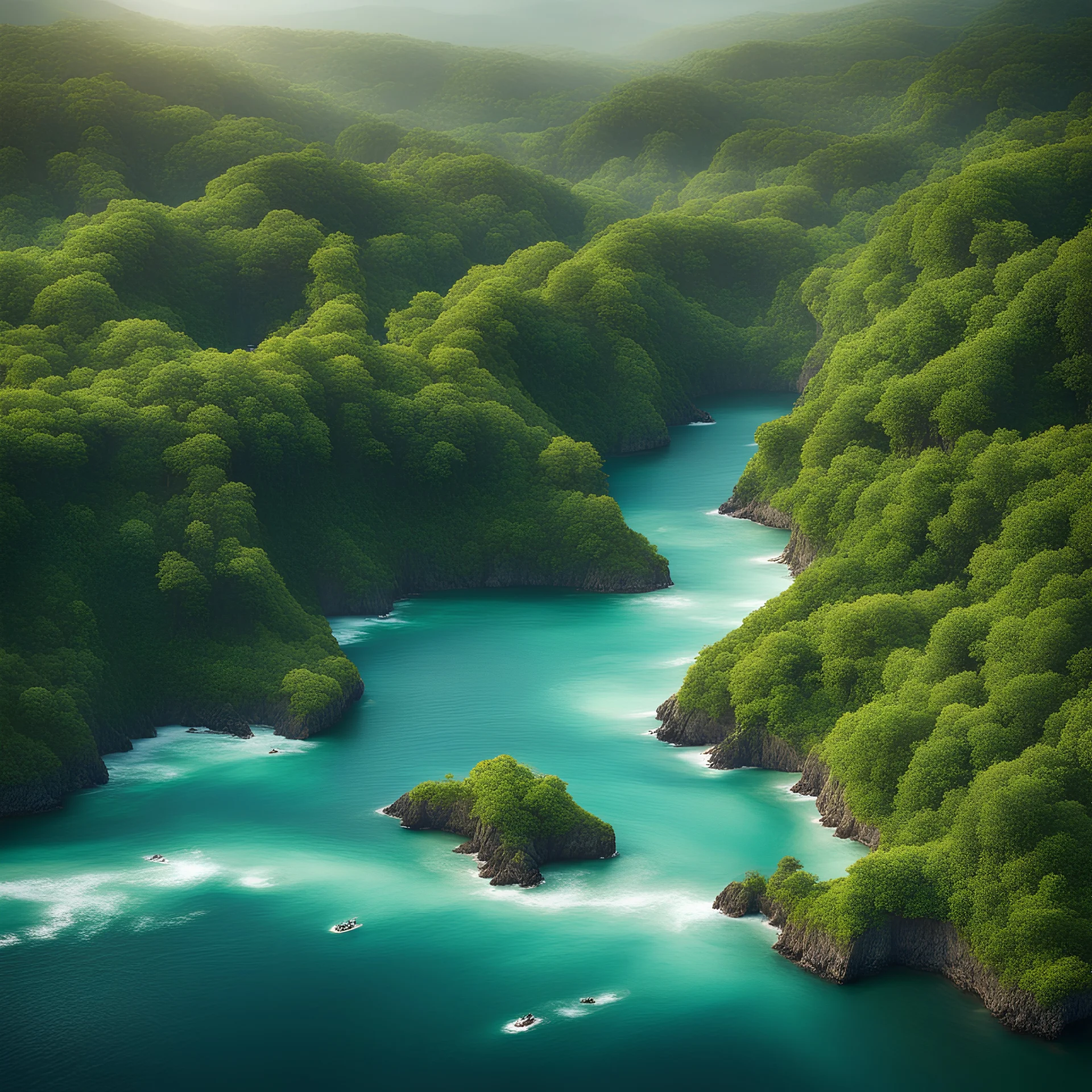 A beautiful picture of a nature scenery where lush forests line the ocean