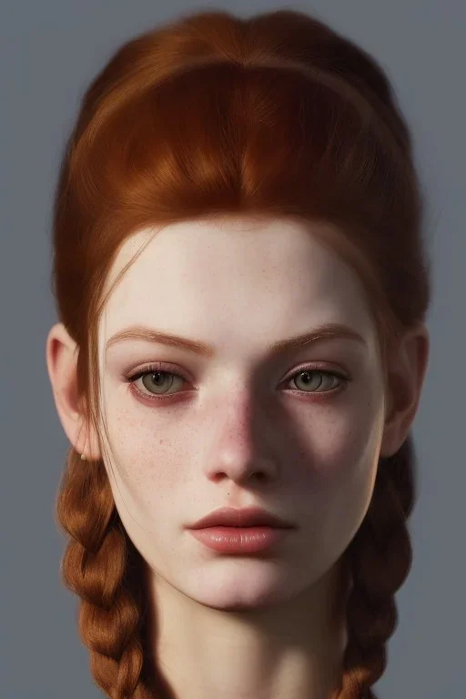 Woman, body 190cm, beautiful, orange hair, two braids, bangs, rossi eyes, big eyes, freckles, long eyelashes, Frozen, 8k resolution concept art by Greg Rutkowski