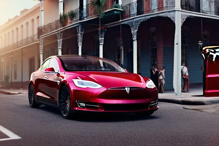 A Tesla 'Model Y' is parked, on the streets of New Orleans. (CINEMATIC, WIDE ANGLE LENS, PHOTO REAL)