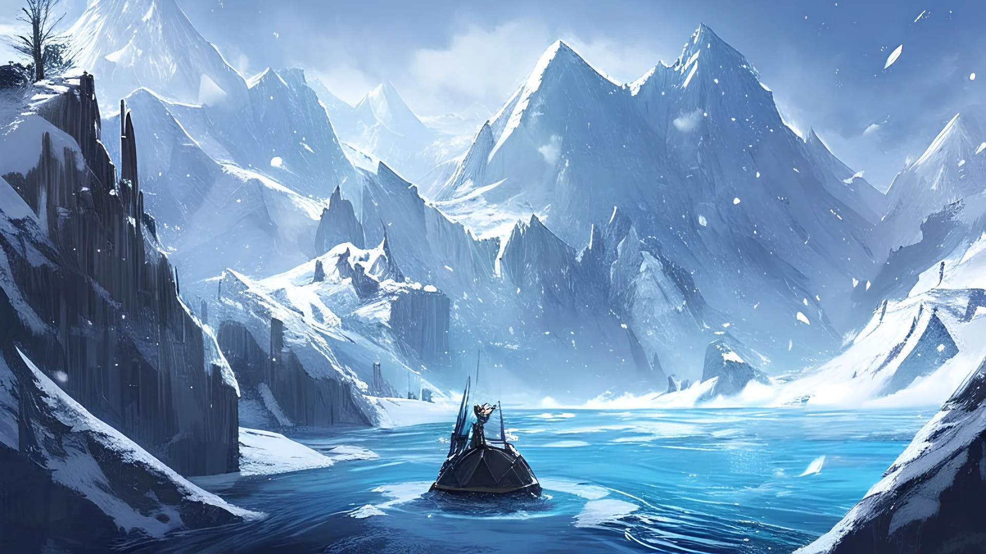 1 dimensional lonely snow mountain in icy sea drawn as a vector graphic