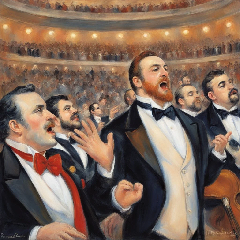 Tribute to opera, from perspective of the stage the Three Tenors in front of adoring opera crowd at the Met opera house, high society black tie affair, opera motifs and aesthetic, beautiful elegant impressionist painting by Renoir, loose brush strokes, colorful, dramatic, Pavoratti, Domingo, Carreras