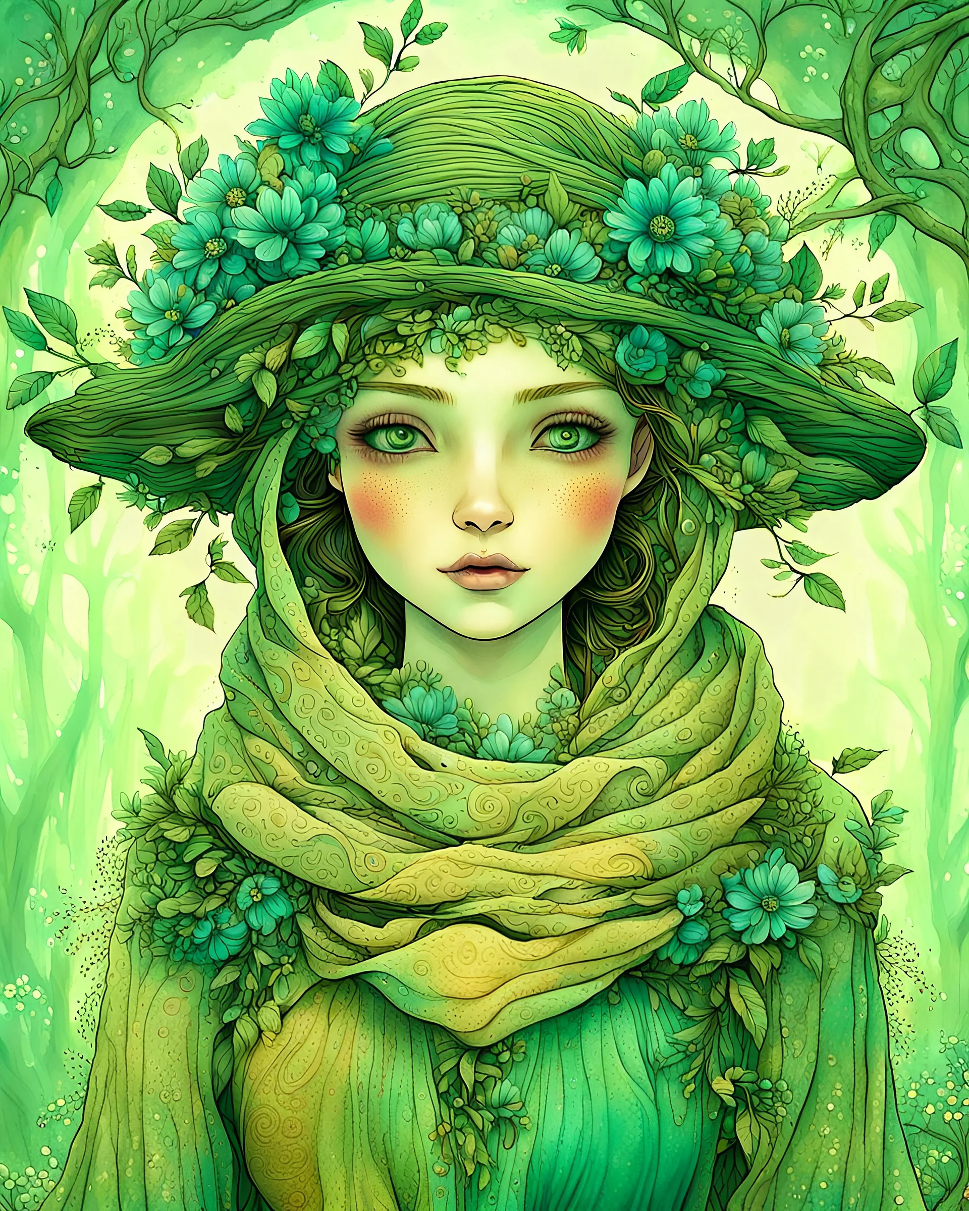 A stunning digital illustration of an ethereal, otherworldly figure embodying the essence of spring. The figure has a whimsical and surreal appearance, with intricate details and a harmonious color palette. She has a delicate, almost doll-like face with expressive eyes that reveal a calm, yet somewhat mysterious expression. This evokes a sense of peace and wonder. Her outfit is a blend of rustic and elegant, with a patchwork pattern that incorporates earthy tones and textures. The garment appear
