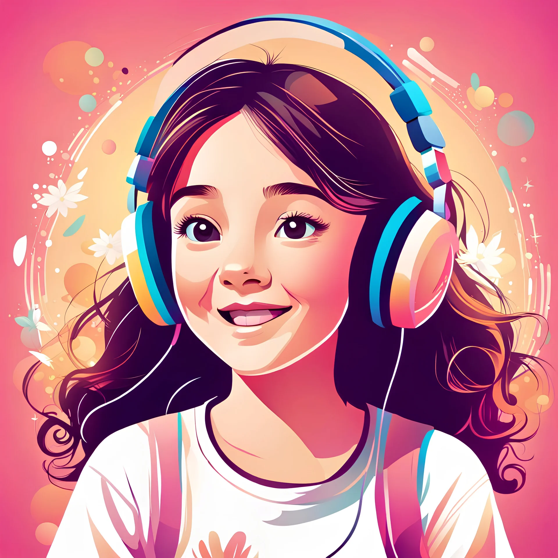 "Generate a charming and youthful vector illustration of a young girl's face with a friendly and joyful expression. She should be wearing cute headphones, and the background should feature a colorful and inviting study room with elements that exude a sense of youthfulness. Emphasize a warm and delightful atmosphere with soft colors, rounded shapes, and delightful details. Capture the innocence and happiness of the young girl as she enjoys music in this cheerful and inviting study space