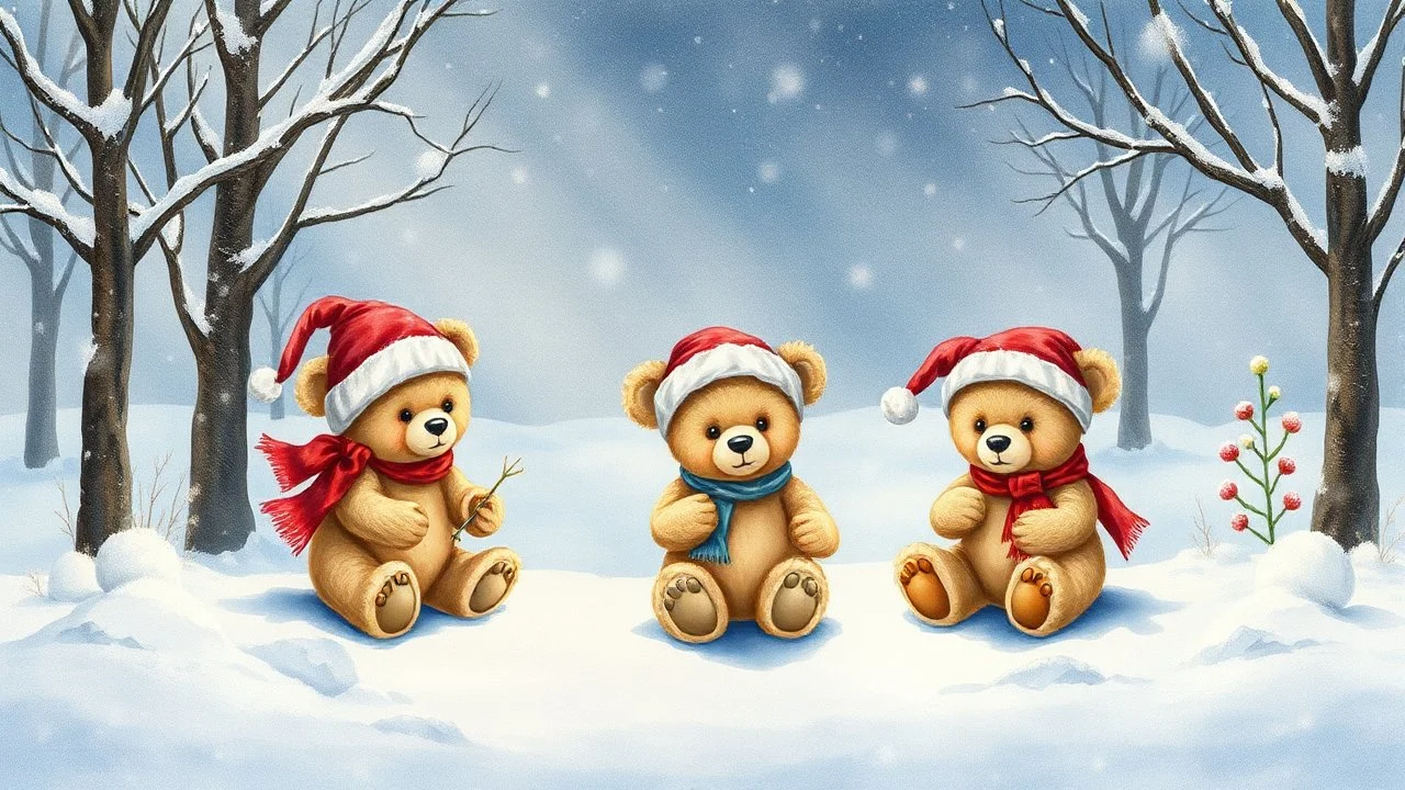 merry little teddy bear family playing in a snowy winter park in 1963, watercolor, (style of Gabriel Pacheco:1.3), front view, magic winter vibe