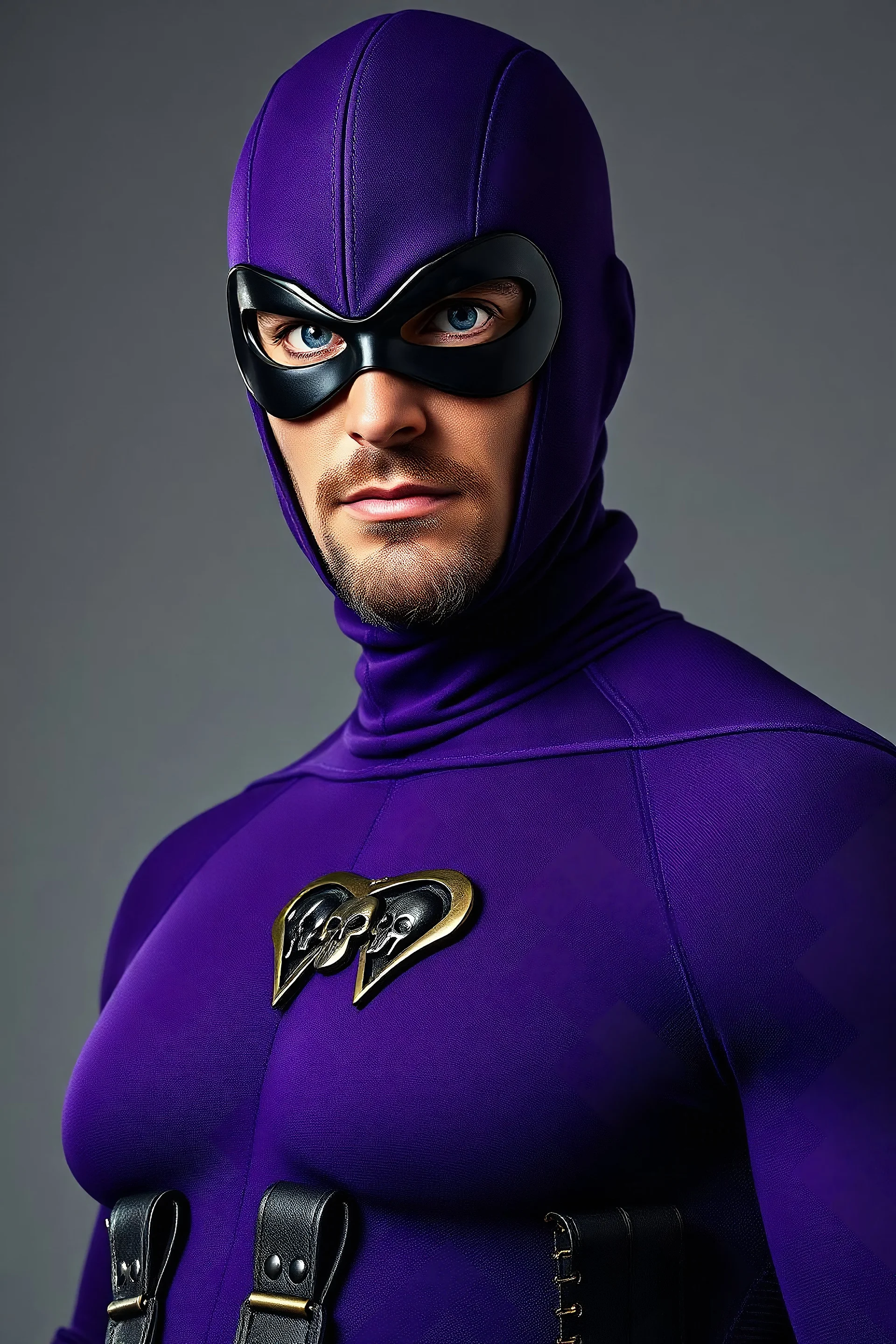 full-length, A portrait of a the Phantom, a man with piercing blue eyes, a chiseled jaw, goatee, timeless face, stern expression, Wearing a skintight formfitting purple cotton hero suit with a skintight cowl with a widows peak that fits tight to his head, but does not cover his face, he wears a thin, black leather, bandit eye disguise over his eyes, black and blue diagonally striped trunks, dual-holstered pistol belt adorned with a triangle skull-shaped buckle with leg straps, knee-high boots