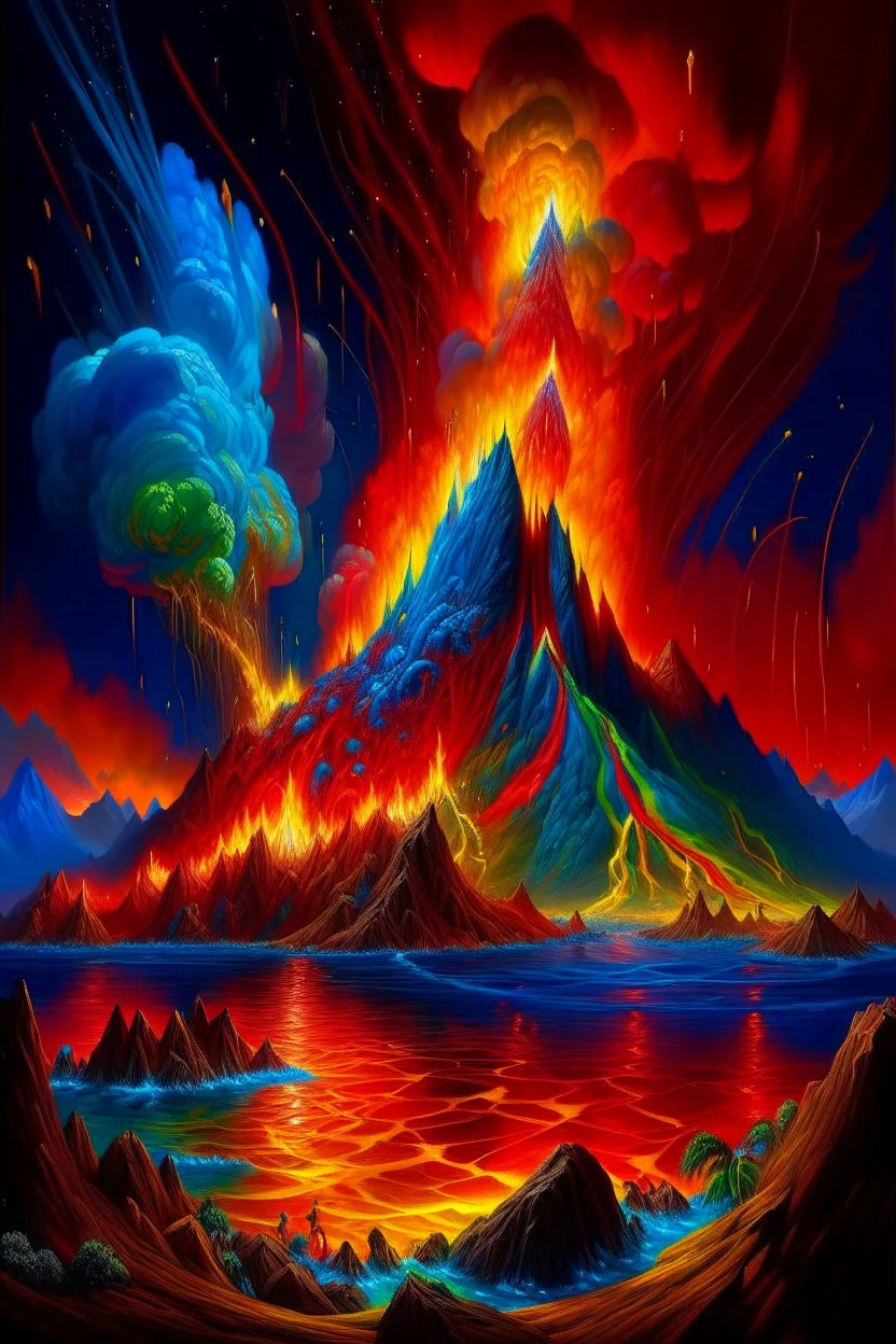 fire, lightning, wind, rain, volcanic lava, fireworks, explosions, multicolored neon lights, KISS in the art style of Boris Vallejo, oil paint on canvas, 32k UHD, hyper realistic, photorealistic, realistic, life-like, extremely detailed, extremely colorful, sharp beautiful professional quality,