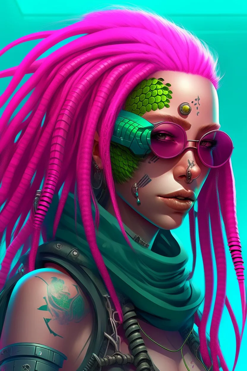 mermaid cyberpunk some fish scales on face pink hair dreadlock sunglasses