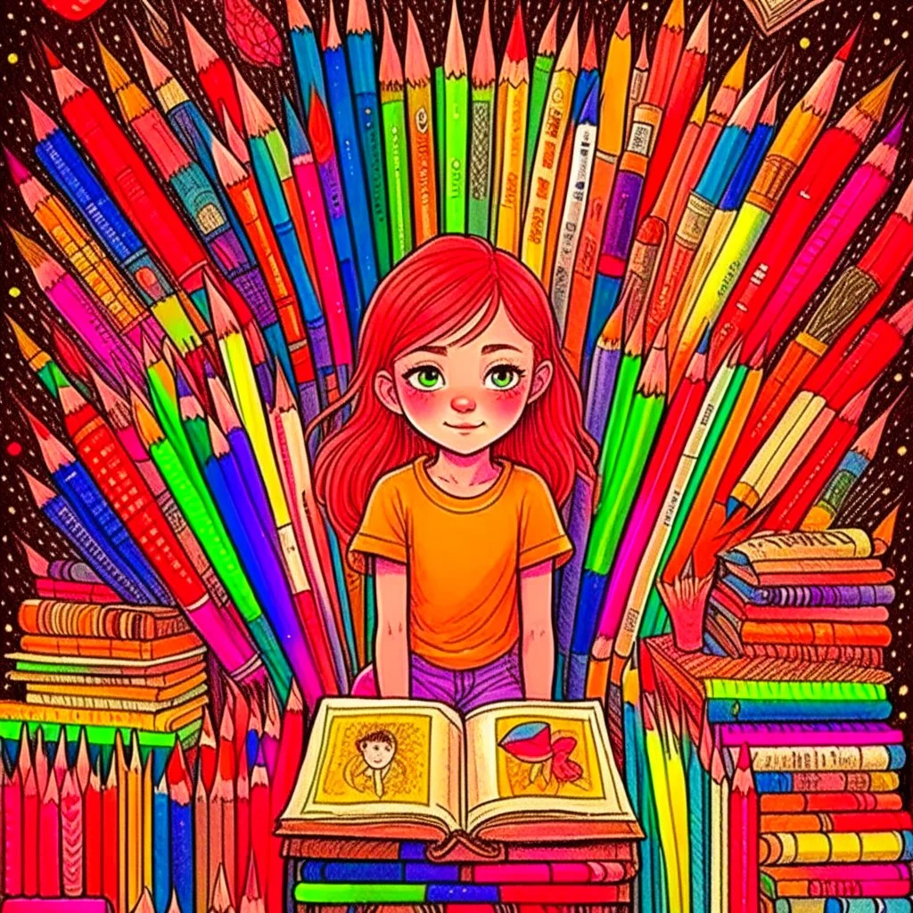 An image featuring Mercy, a spirited young girl with a passion for drawing. Mercy, also known as "The Pencil Lady," is captured in her element, surrounded by an array of colorful pencils and sketchbooks. With focused determination, she brings her imagination to life on paper, creating intricate worlds and characters. Her eyes sparkle with creativity, and her room is adorned with her artistic masterpieces. The image radiates with Mercy's love for art and showcases the boundless possibilities of h