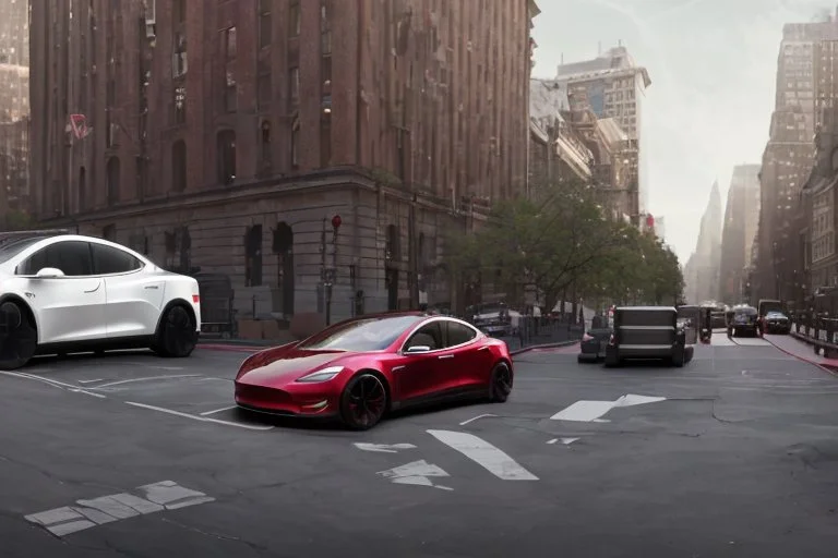 A Tesla 'Model Y' is racing at top speed, near the Flatiron Building in Manhattan. (CINEMATIC, WIDE ANGLE LENS, PHOTO REAL)