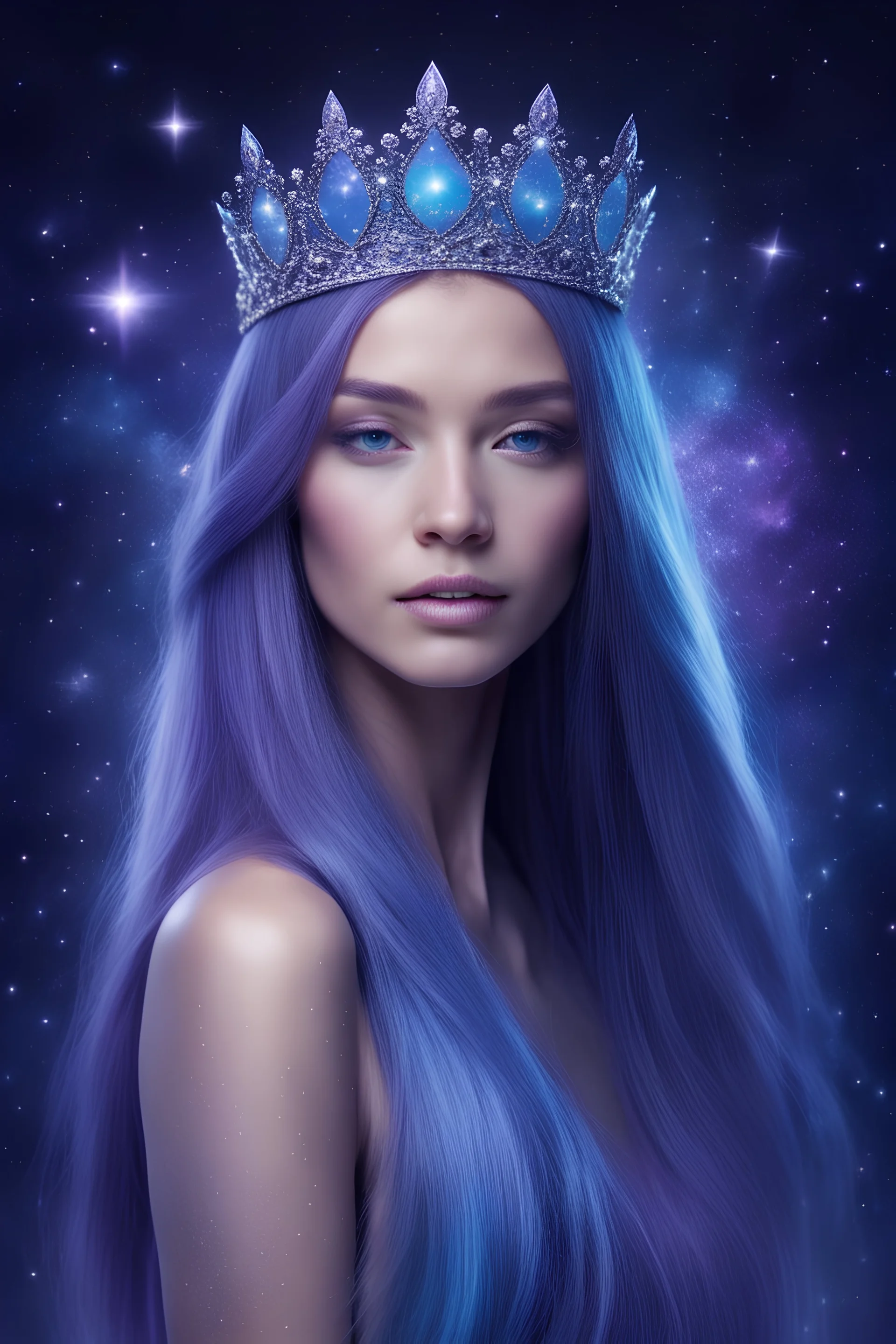 cosmic beautiful woman, with long, straight hair with blue and purple highlights tiara on the hair, in a peaceful background with a cosmic blue purple background , stars