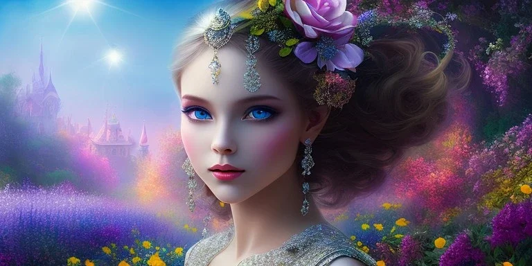 bright fairy, beautiful portrait, flowery landscape