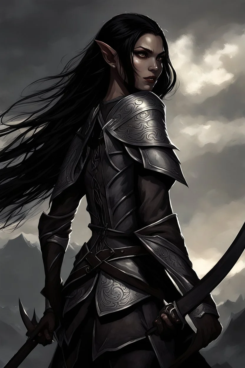 SA female elf with skin the color of storm clouds, deep grey, stands ready for battle. Her long black hair flows behind her like a shadow, while her eyes gleam with a fierce silver light. Despite the grim set of her mouth, there's a undeniable beauty in her fierce countenance. She's been in a fight, evidenced by the ragged state of her leather armor and the red cape that's seen better days, edges frayed and torn. In her hands, she grips two daggers, add dark shadow mystic purple flames