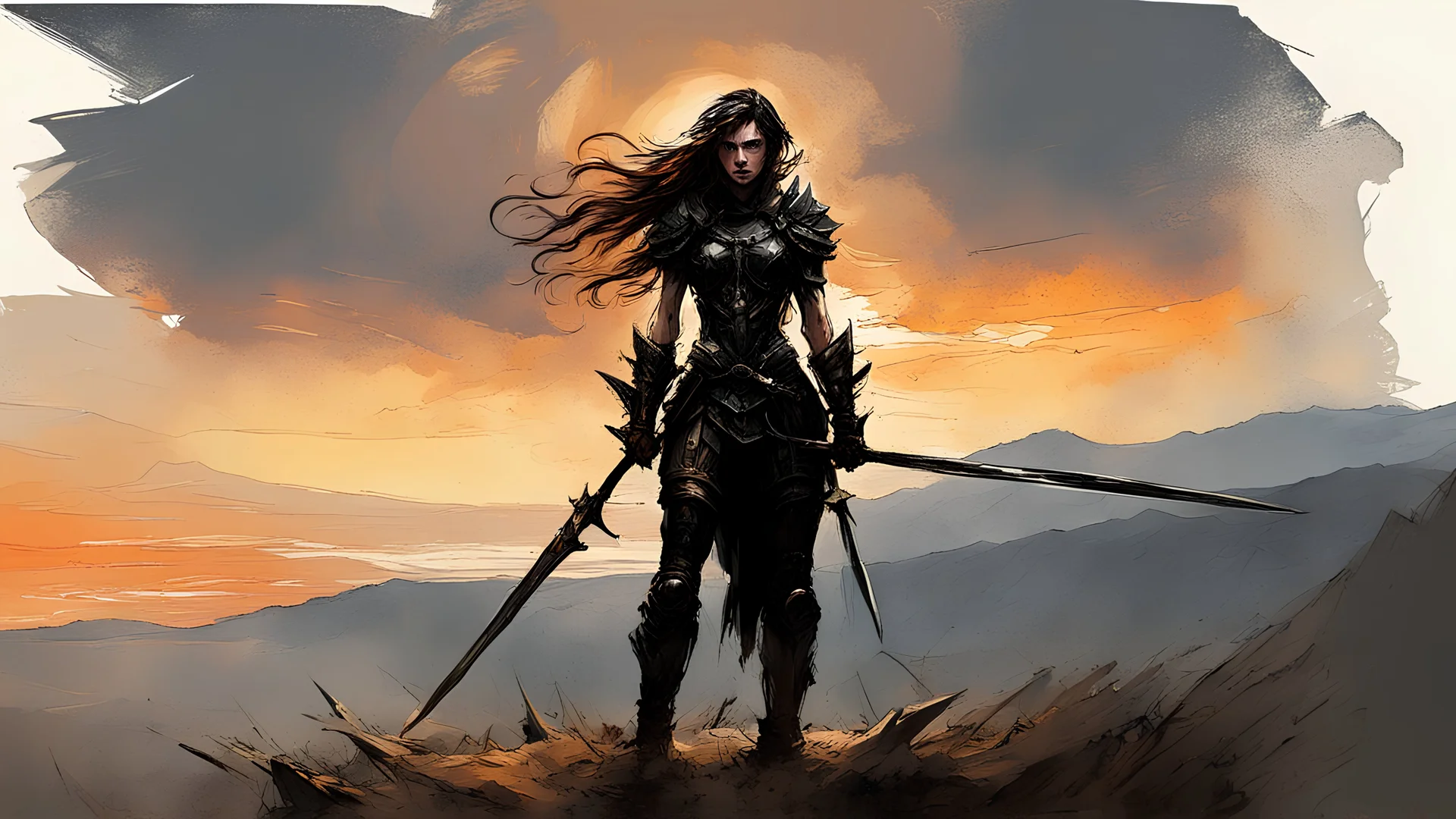 A formidable warrior girl in black armor, on the background Amazing gloomy landscape, flooded with sunset, mountains, trees, fabulous scary hero, , juicy emotions, painting, dark fantasy, gloomy day, dark world, portrait, by Leonid Afremov & Benedick Bana & Carne Griffiths & Brian Kesinger