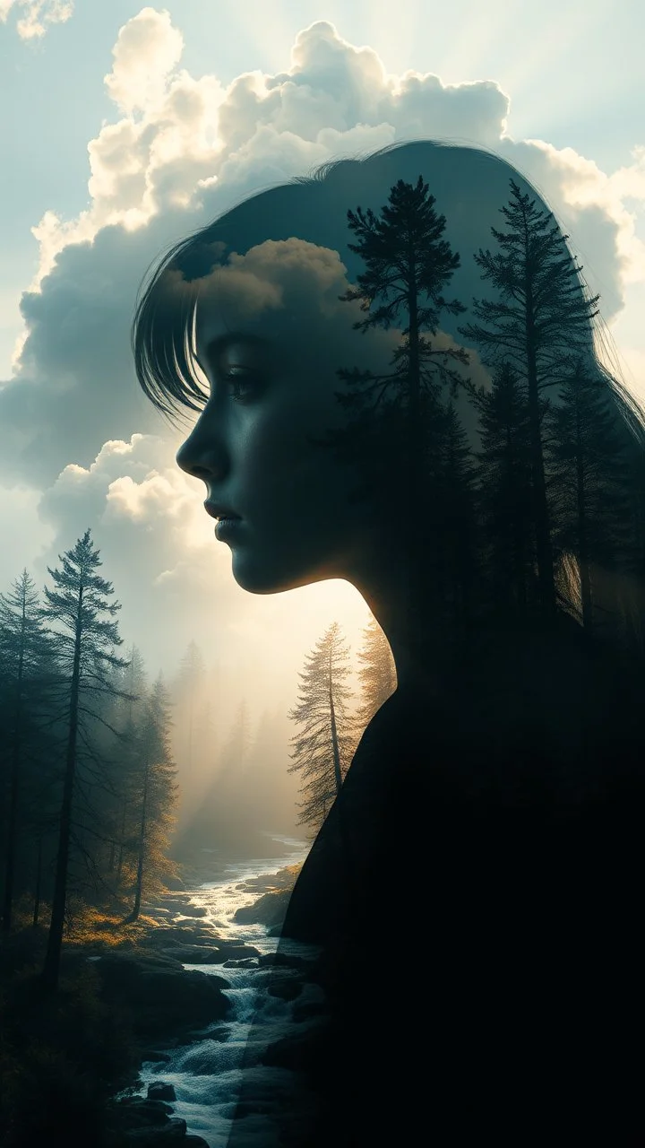 portrait of a girl Double exposure surreal digital art of a mysterious , his face in profile, blending seamlessly into the shape of the clouds . a magical forest scene unfolds, illuminated by golden light rays, with tall trees and a flowing river.