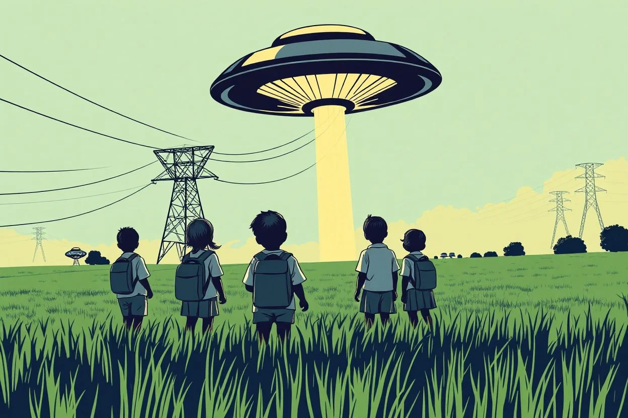 bumper sticker design in long rectangle, westall in bold heading text ufo 1966, lots of school children looking up in a field with high voltage powerline and gumtree's, mysterious cool, bold