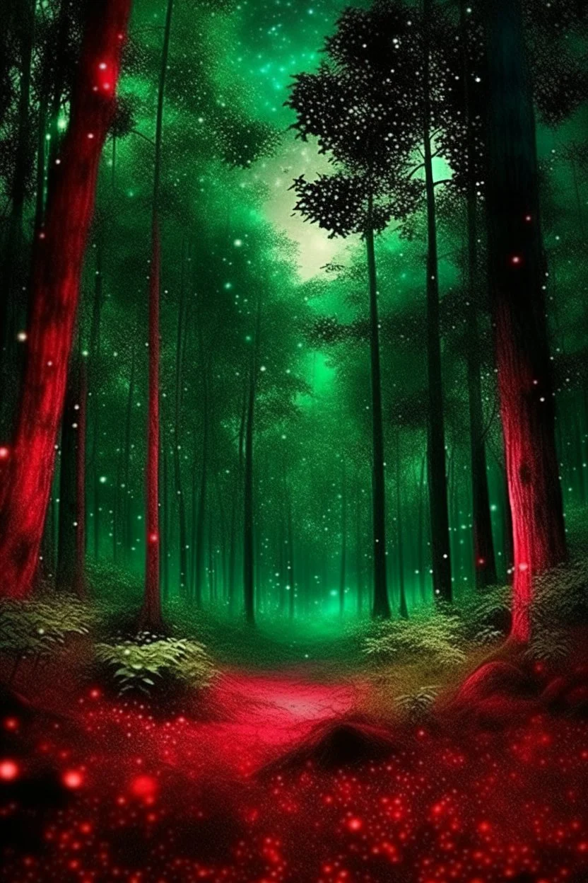 magical too much trees in big forest dark red and green fairy magic with stars glowing at night
