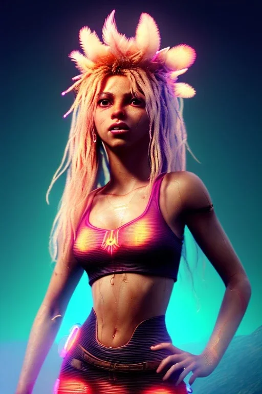 Shakira, artist, 30 years old, Realistic image, waist up portrait, etro style dress. Blonde, feathers, loose long hair, eyes make up, perfect, glow, circle iris. Neon colors, leds, geometric shapes. Dark background, photo studio, neon lights. Cyberpunk, concept art, smooth, unreal engine 5, god lights, ray tracing, RTX, lumen lighting, ultra detail, volumetric lighting, 3d, finely drawn, high definition, 4k.