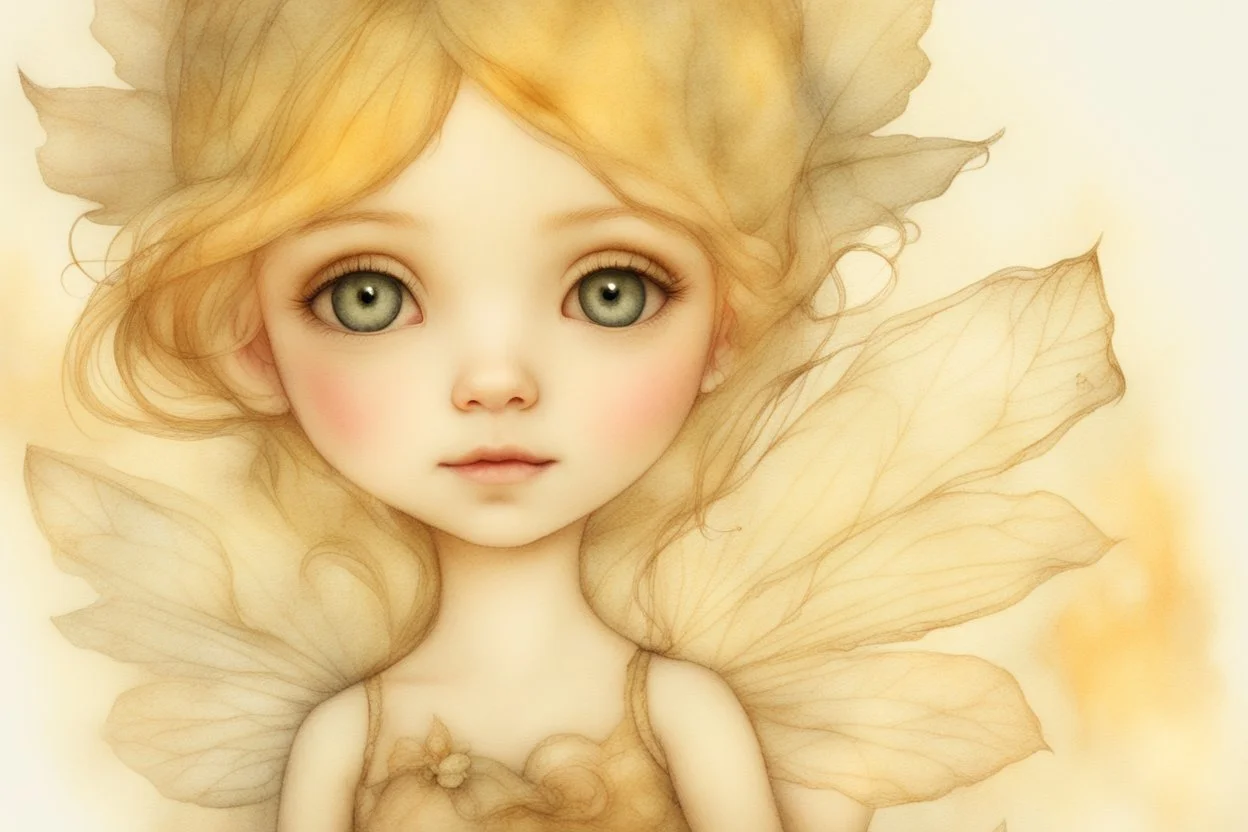 closeup, double exposure, merged layers, golden patina, corrosion, topographic lines, needle felt mohair cute chibi fairy princess, fairy village, watercolor and charcoal S<AI in sunshine