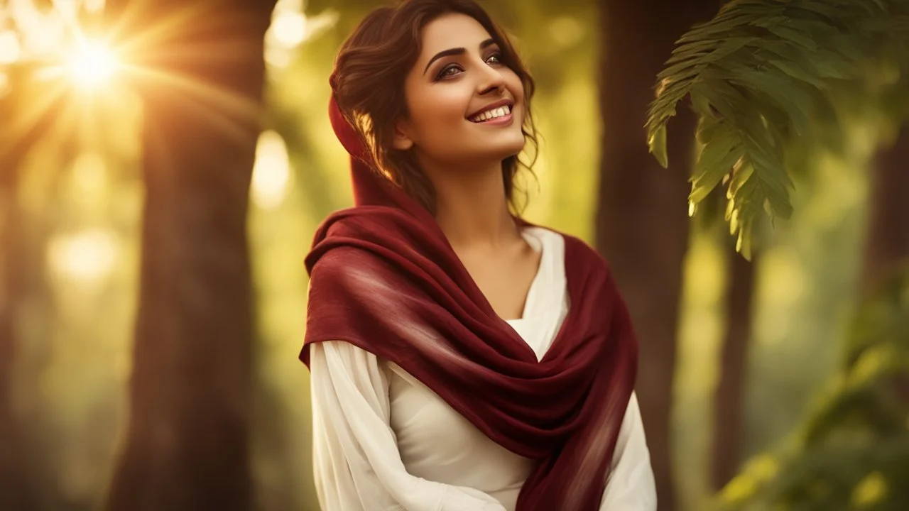 Hyper Realistic Photographic-view of a Beautiful-Young-Happy-Pashto-Woman-with-beautiful-eyes-Smiling with-white-dress-with-maroon-shawl & breeze-whirling in a jungle-with-tall-trees & cloudy-sunset-&-sun-rays showing dramatic & cinematic ambiance