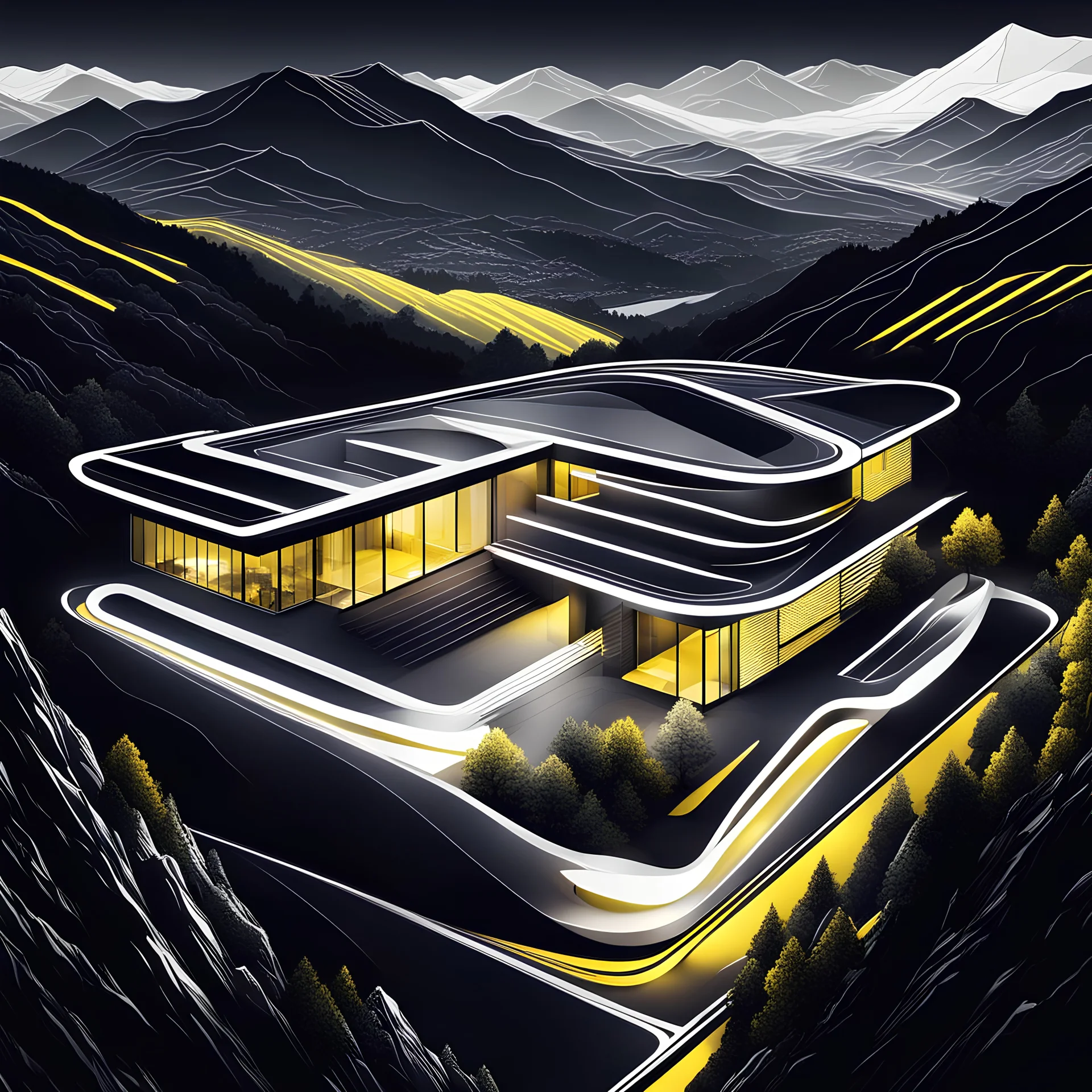 Ilustración minimalista de una casa campestre estilo Zaha Hadid en las montañas arte nouveau neón lineal color negro blanco y amarillo calidad ultra fondo ciudad vista aérea