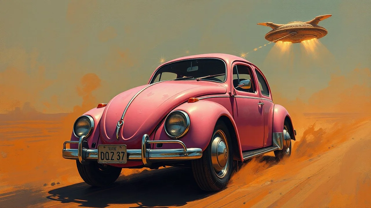 a high definition screen shot of a jet-fighter vw-beetle, retrofuturistic, phototrealism, Macabre Rapture End of days Revelation scene, loose brush stroke matte oil painting, sinner apotheosis,diagonal composition, unbalanced, abstract surreal horror, eerie, scary warm colors, Eldritch, by Colin McCahon Upscale @JonKnockTurnal A photorealistic futuristic pink cadillac 2999 ufo, bilaterally